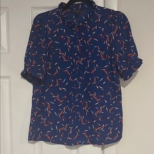 Banana Republic Navy Blouse with Red and White Leaf Design
